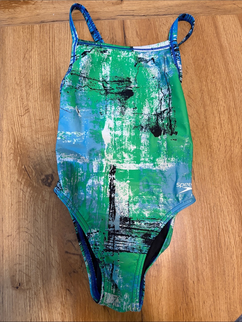 Speedo Girls' Green & Blue Abstract One-Piece Swimsuit with Black Accents